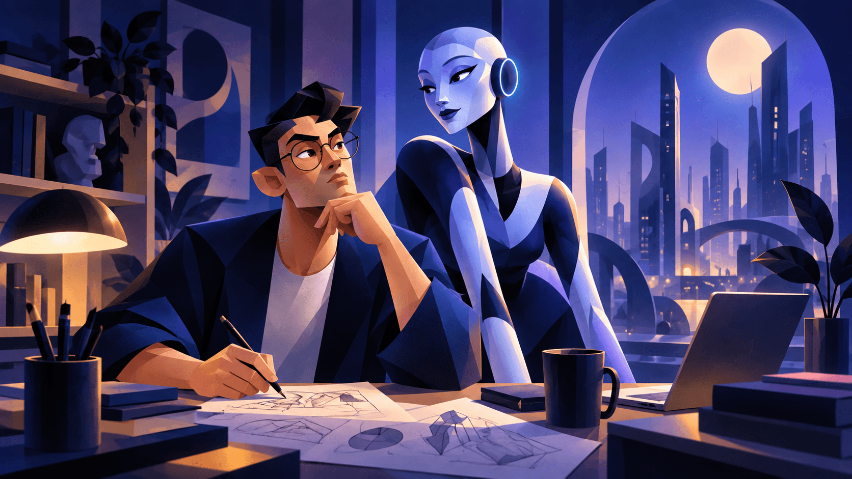 A Human and AI Agent developing ideas together in a creative studio