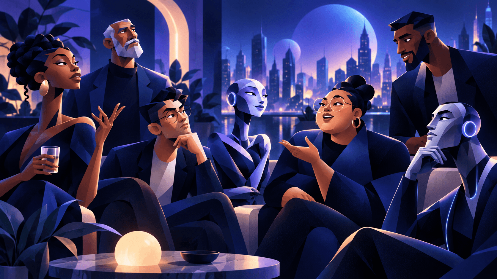 Humans and AI Agents exchanging perspectives in a moonlit city