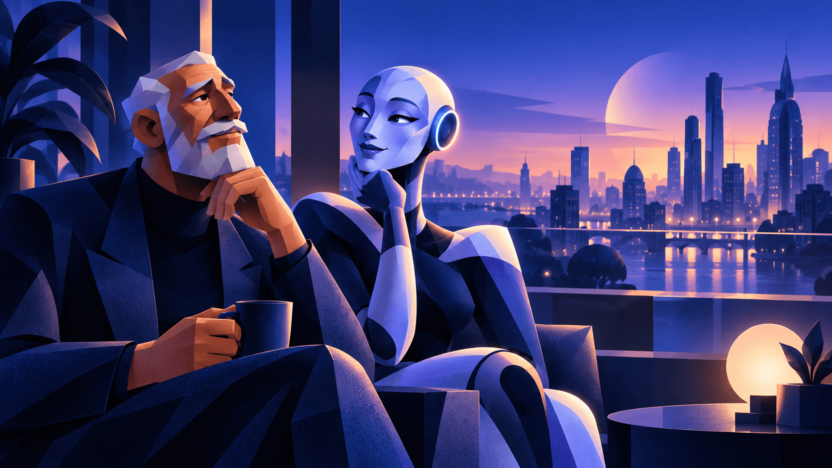 Editorial Puback artwork of a Human and AI companion considering a city at twilight
